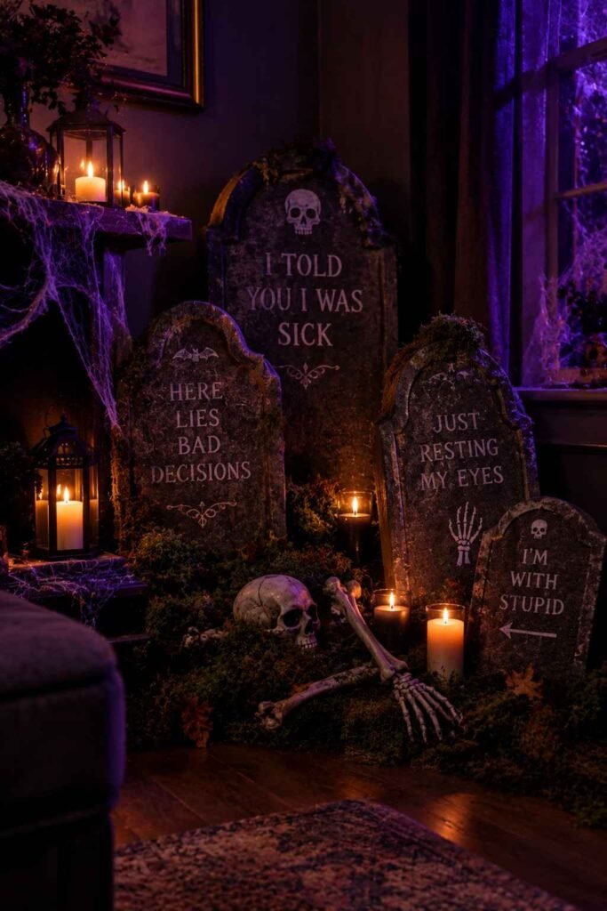 28 Halloween Party Decorations Indoor: Spooky Ideas That Transform Any Room 18 Gray foam tombstones with funny epitaphs and moss in a corner as a DIY Halloween decoration