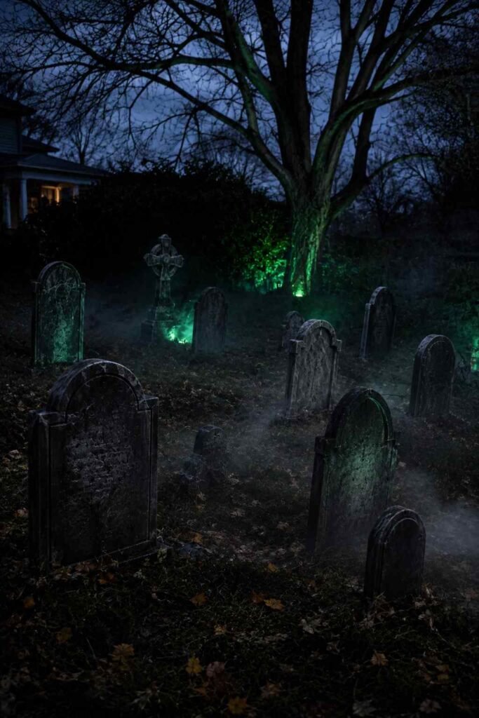 28 Halloween Party Decorations Scary Enough to Terrify Every Guest 5 Foam tombstones and fallen leaves on a foggy lawn forming a scary Halloween graveyard display.