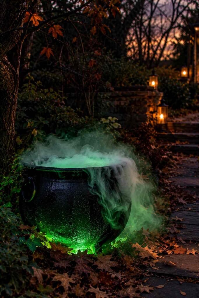 Black cauldron with green-lit fog spilling over its rim beside a walkway