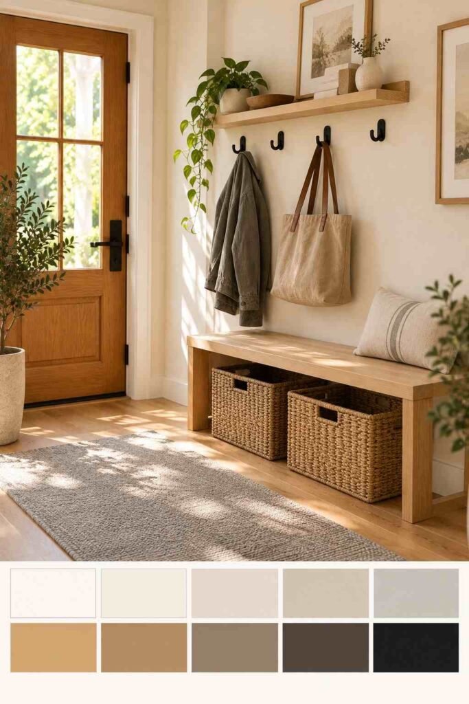 Small entry with a wood bench, baskets underneath, black hooks and shelf, plus a 10-color palette strip below.