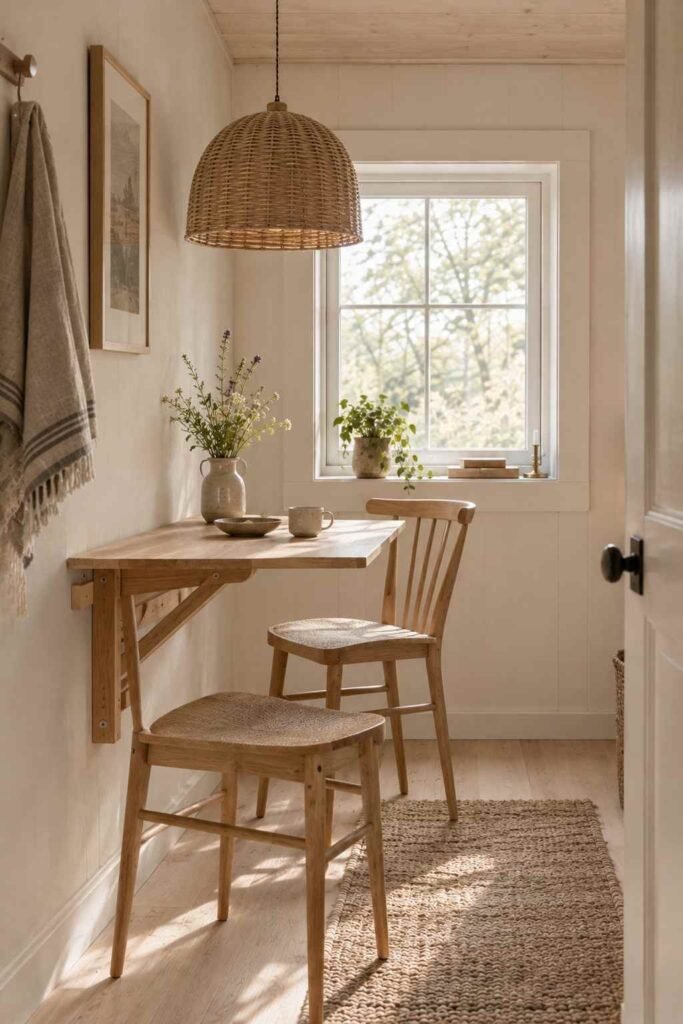 Fold-down dining table with woven pendant light in a narrow shed house.