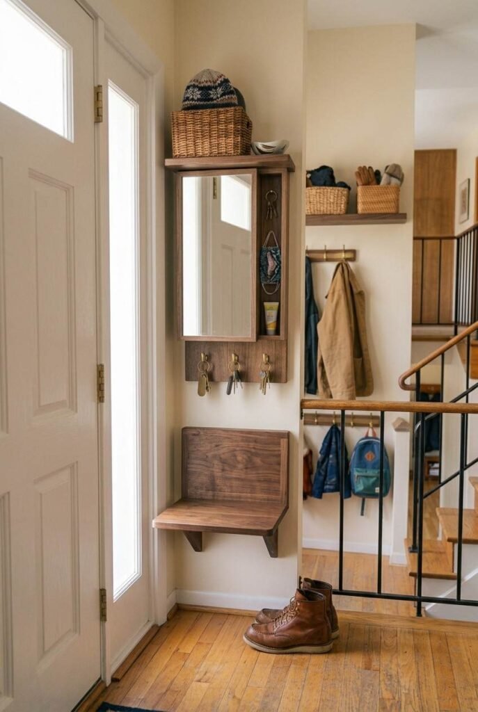 Wall-mounted fold-down bench on a narrow split foyer landing with boots beside it.