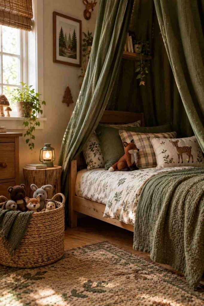 Green forest-themed canopy corner with wooden accents and felt animals.
