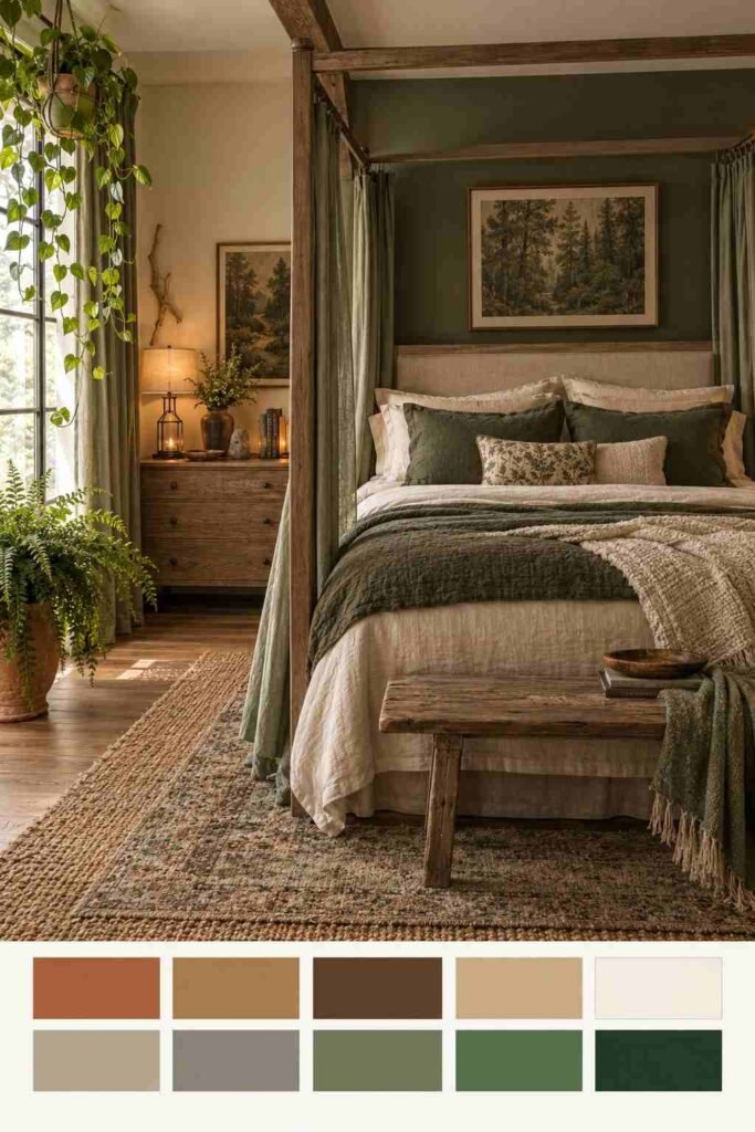 Styled forest bedroom with canopy bed, plants, jute rug, and wood accents with a ten-swatch color strip