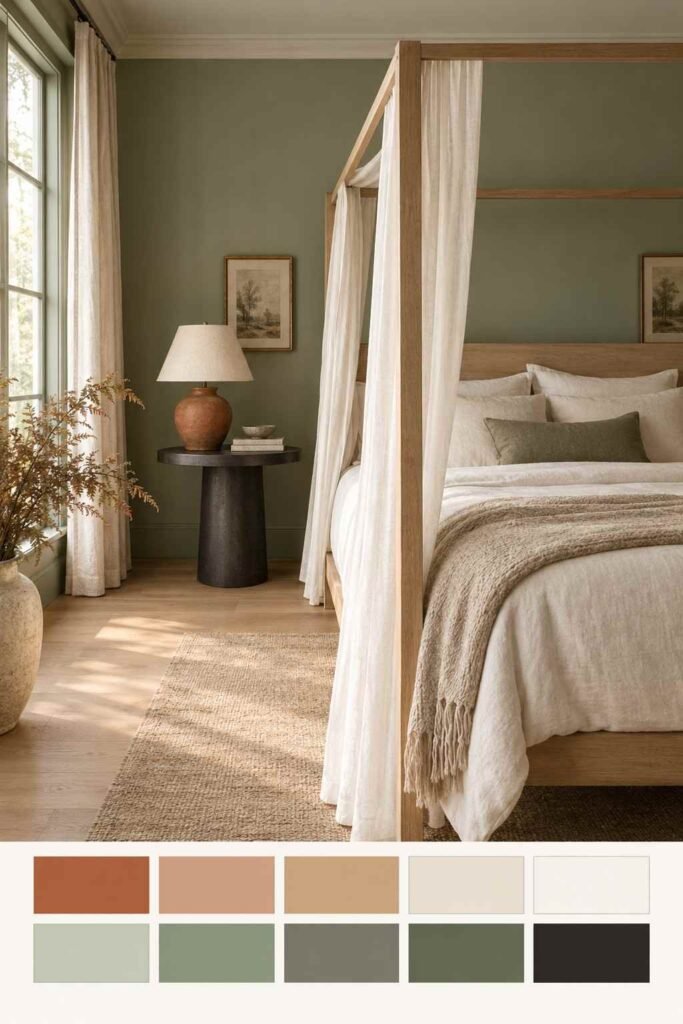 Sage and warm white woodland bedroom with canopy bed and a ten-swatch color palette strip below
