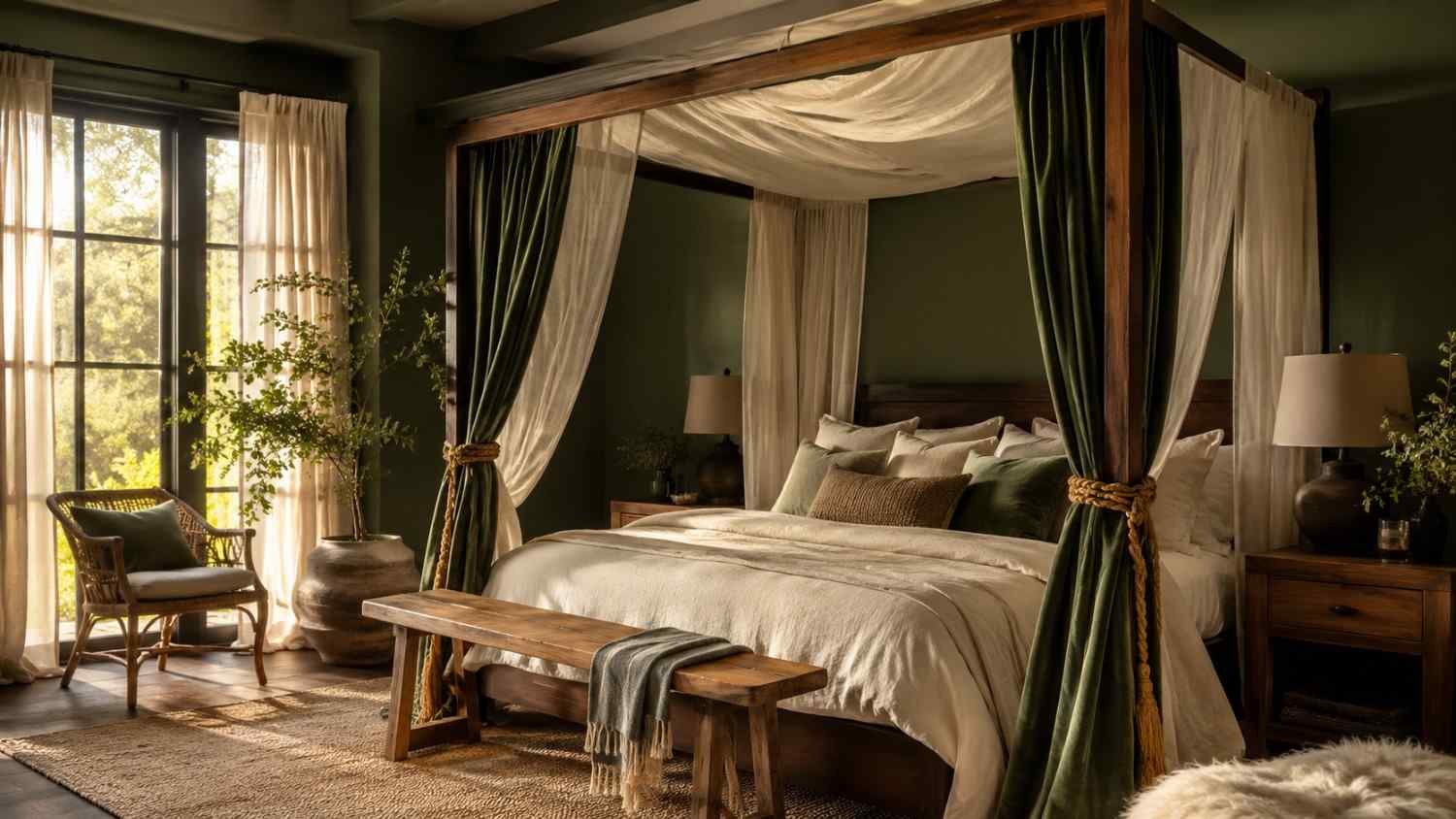 Forest bedroom with canopy bed in green and cream