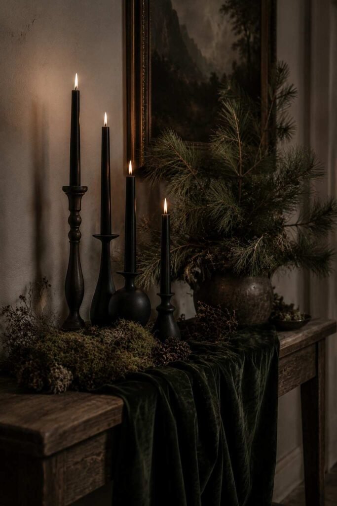 Forest green velvet, pine branches and black tapers in a woodland Halloween display