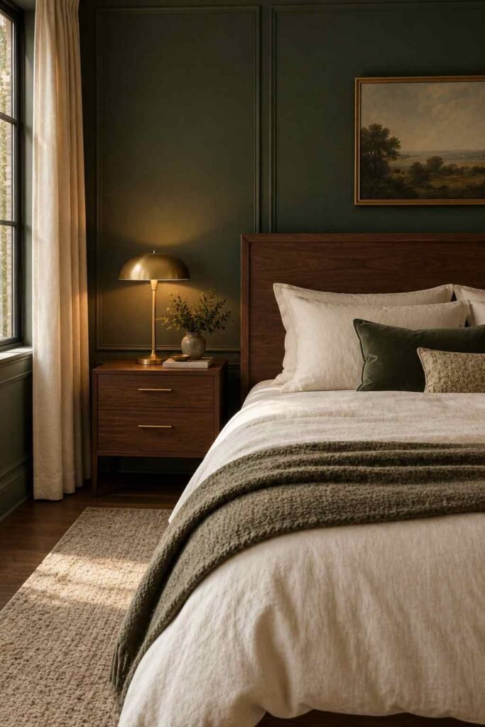 Matte forest green bedroom wall with walnut headboard and brass details.