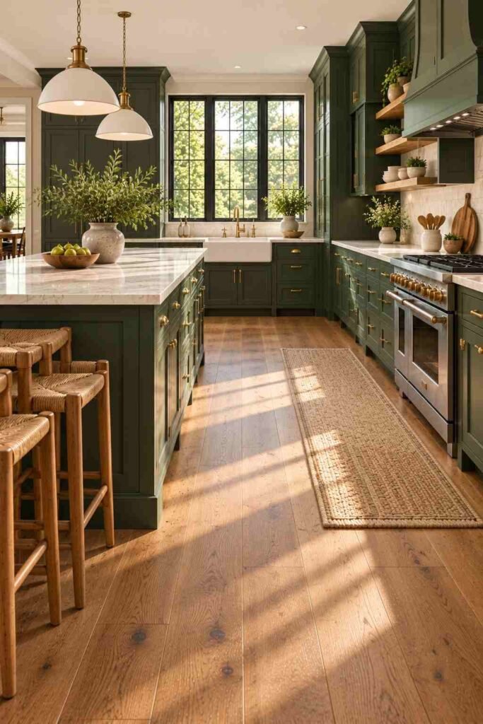 Deep forest green kitchen cabinets over medium oak floors with brass hardware