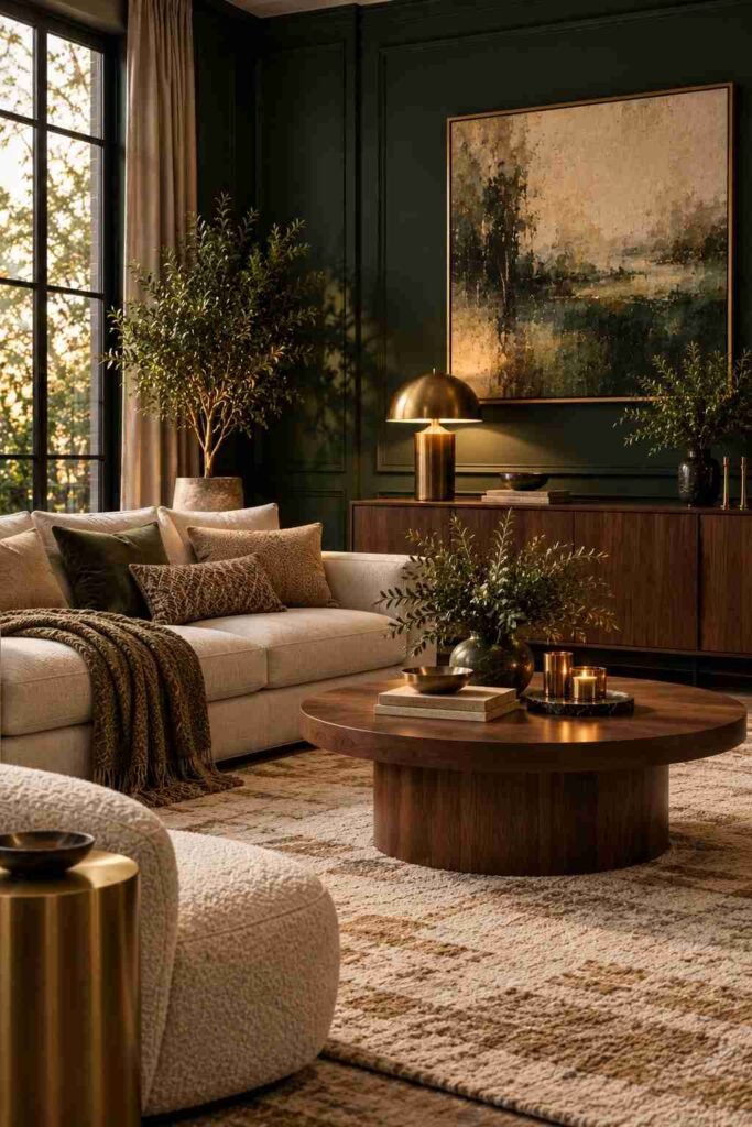 Forest green living room with walnut furniture, brass lamp and cream wool rug