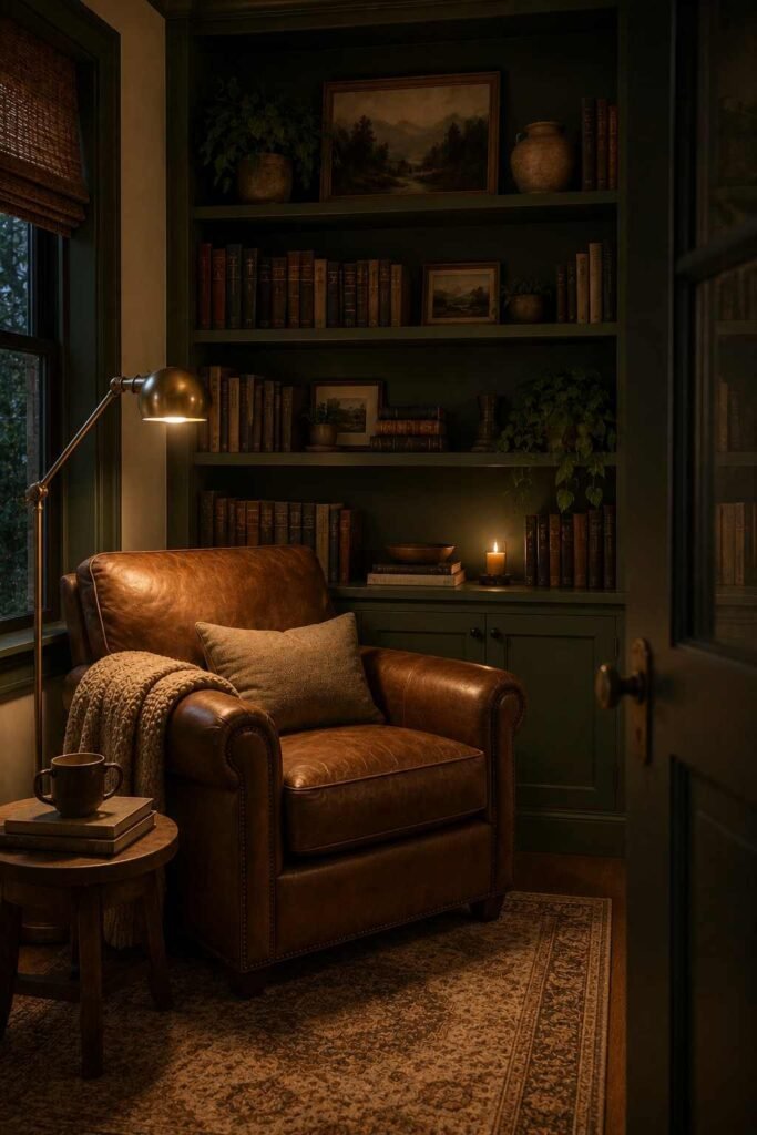 Forest green reading nook with built-in shelves and a leather armchair