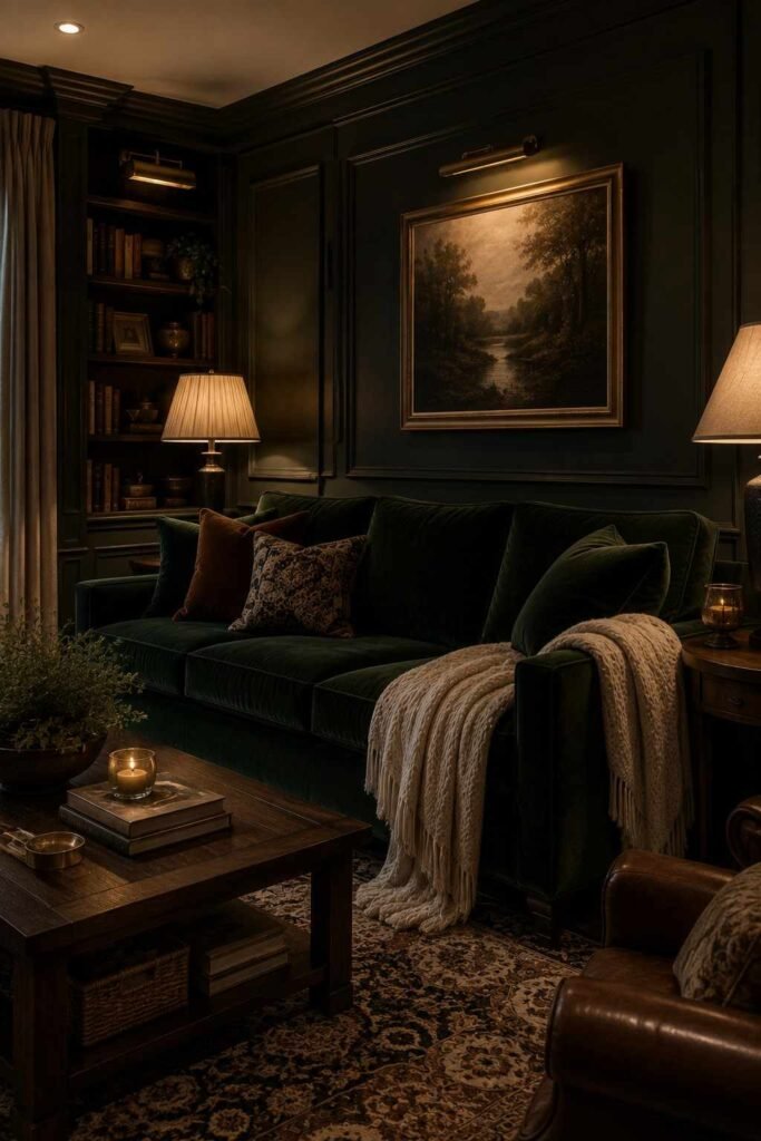 26 Glam Green Velvet Couch Living Room Design Ideas: Emerald, Sage and Olive 5 Dark forest green velvet couch in a moody living room with bookshelves and warm lamps