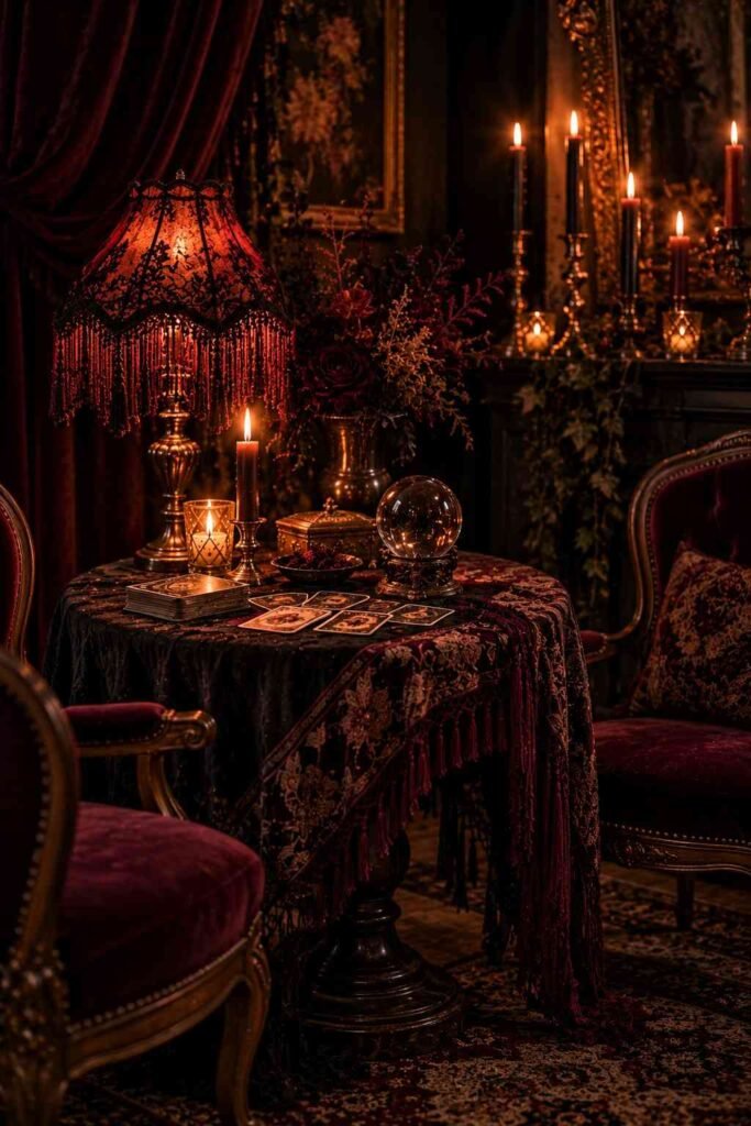 30 Halloween Party Decorations for Adults: Moody, Spooky, Stylish Ideas for Any Home 18 Fortune-teller nook with tarot cards and shawl-draped lamp at a Halloween party for adults.