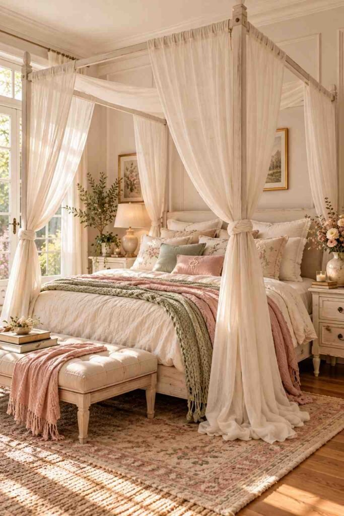 Four-poster canopy bed with light drapes in a softly lit whimsical bedroom