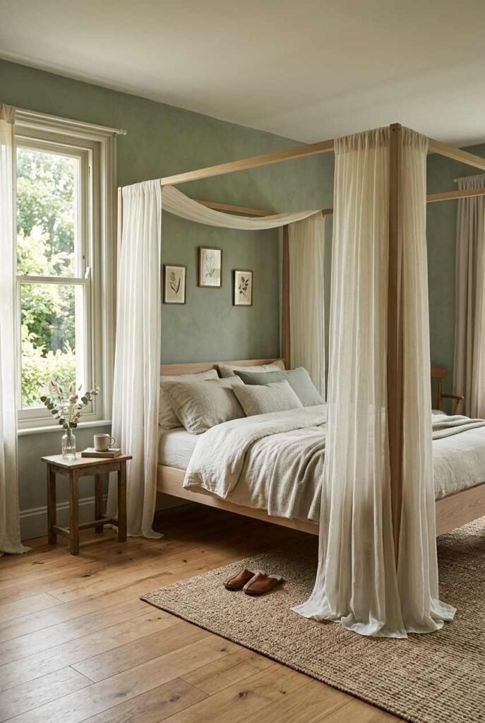 Pale oak four-poster bed with sheer ivory panels against sage green walls.