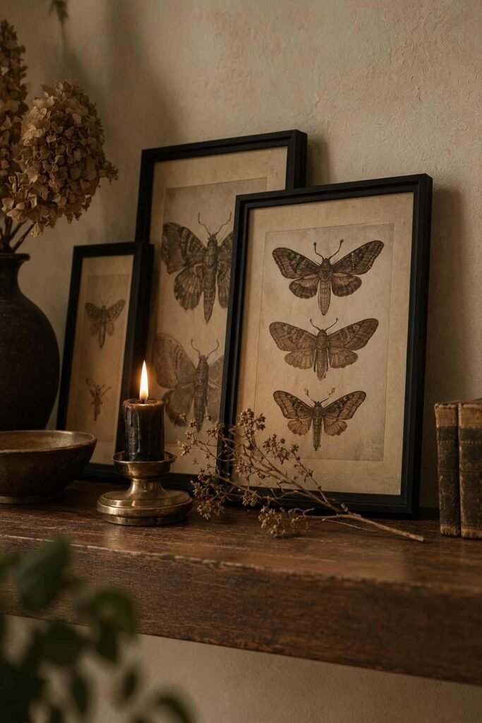 28 Modern Halloween Shelf Styling Ideas That Look Stylish, Not Scary: A Chic, Spooky Home 12 Framed moth prints leaning on a shelf for modern Halloween shelf styling that feels like art.