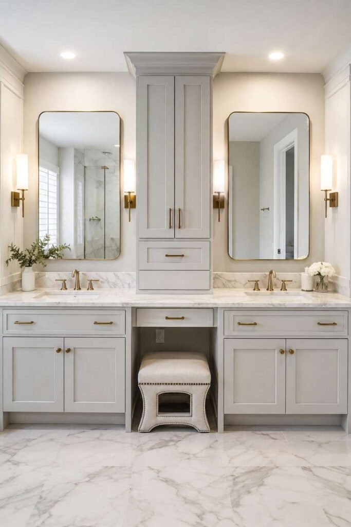 30 Bathroom Vanity Ideas For Double Sink Layouts for Every Style and Budget 16 Freestanding double vanity with a center tower cabinet and a makeup seating area.