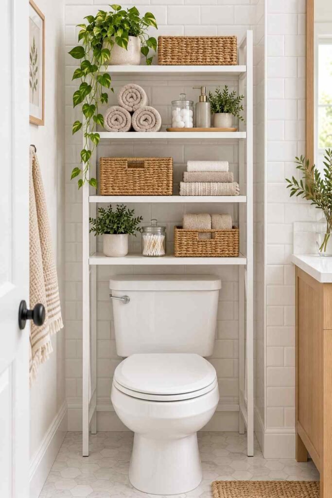 White étagère over a toilet with towels and baskets, no wall drilling needed.
