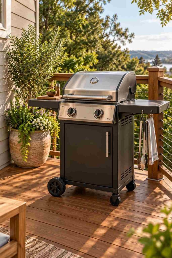 30 Outdoor Kitchen Ideas on Deck: Smart Layouts, Materials for Small, Mid-Size, and Large Spaces 4 Freestanding grill cart with folding side shelves on a small deck.