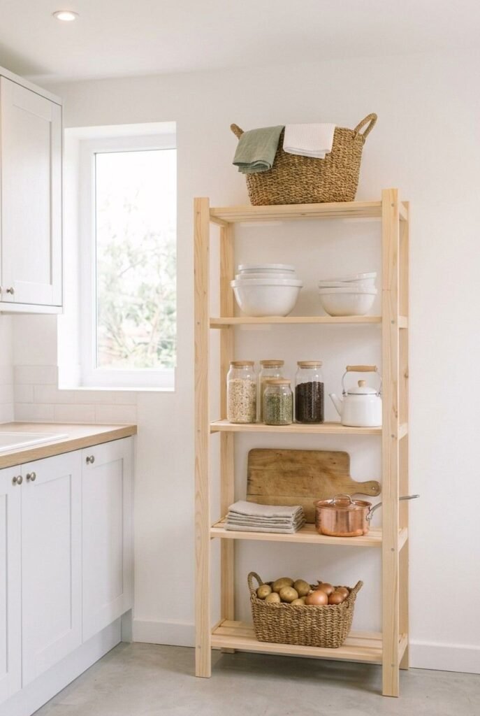 Freestanding pine shelving unit in a small kitchen holding cookware and baskets