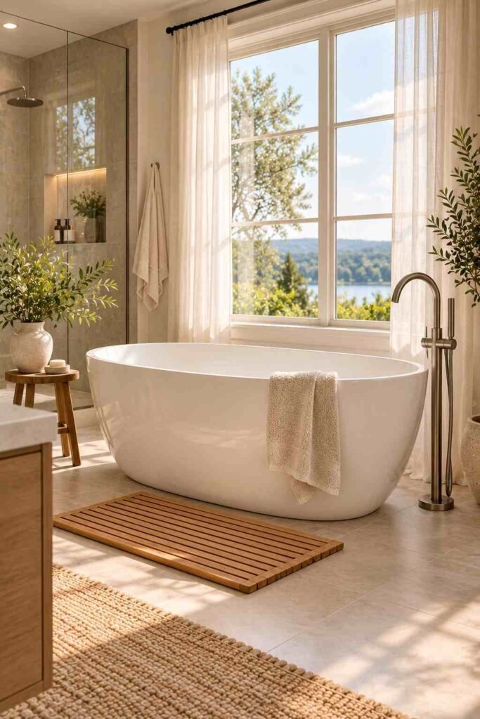 White freestanding soaking tub with a floor-mounted filler beside a large bathroom window.