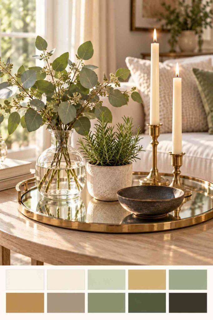 Fresh botanical mirror table decor with eucalyptus and brass candle holders, with a color swatch strip below.