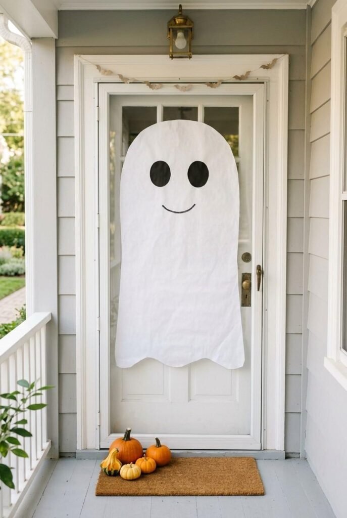 Front door covered in white paper to look like a smiling ghost for a kids’ Halloween party.