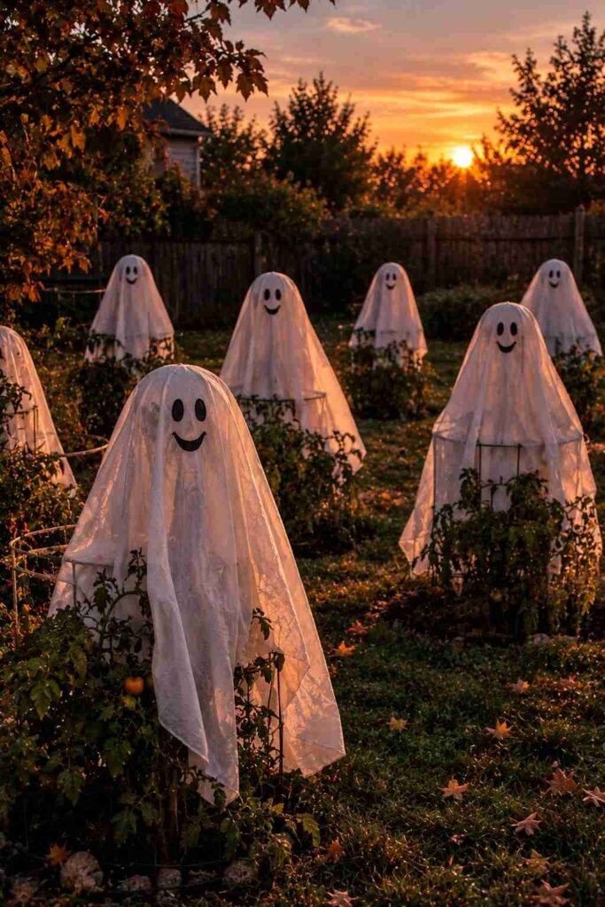 Row of smiling sheet ghosts over tomato cages in a lawn