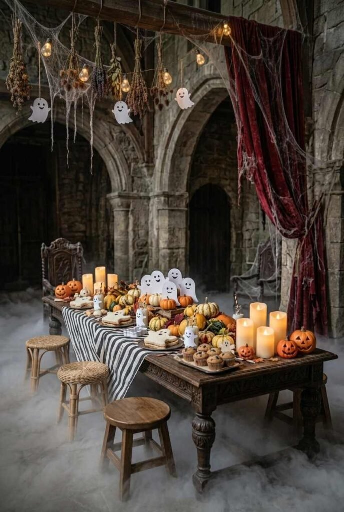 28 Spooky Halloween Theme Ideas to Make October 31 Unforgettable 19 Friendly ghost Halloween playdate table with paper ghosts, sandwiches and string lights.