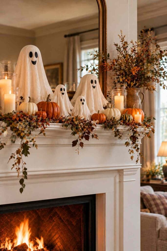 28 Halloween Mantel Decor Ideas: Spooky, Elegant and Family-Friendly Styles 16 Handmade cloth ghosts of different sizes on a family-friendly Halloween mantel.