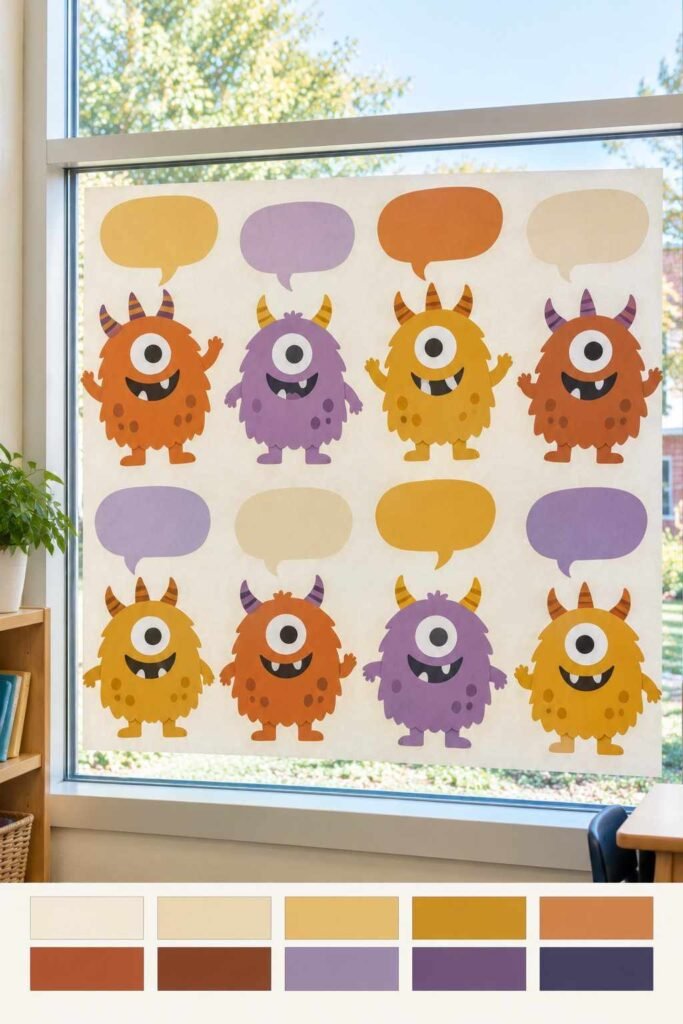 Friendly paper monster window display in burnt orange, dusty purple, and mustard, with a color palette strip below.