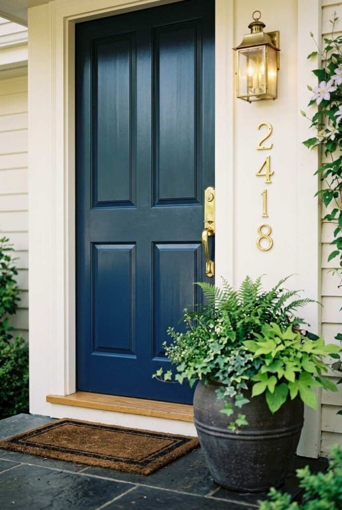 Front door detail with semi-gloss paint, brass house numbers, matching lantern, and a planter