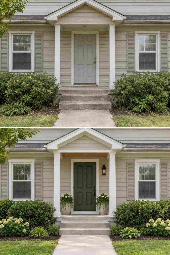 Home Remodeling Before and After: 28 Room-by-Room Transformations 16 Front porch before and after a bold green door, new lantern light and potted plants.