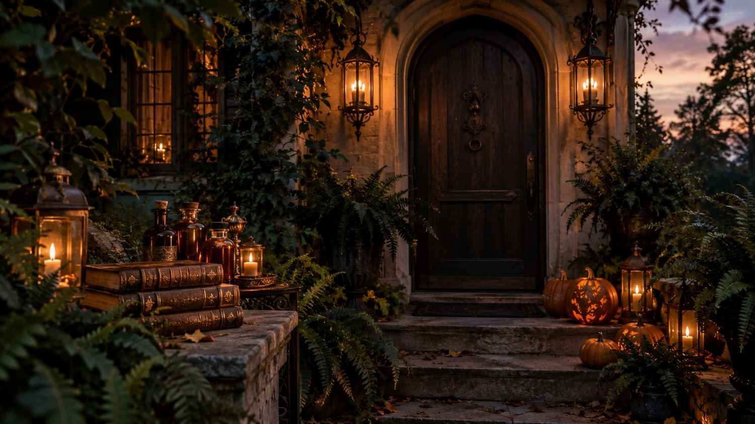 Front Porch Halloween Ideas Harry Potter Wizard-themed dusk with lanterns and pumpkins