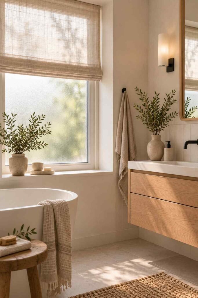 Frosted bathroom window with a sheer linen blind letting in soft daylight