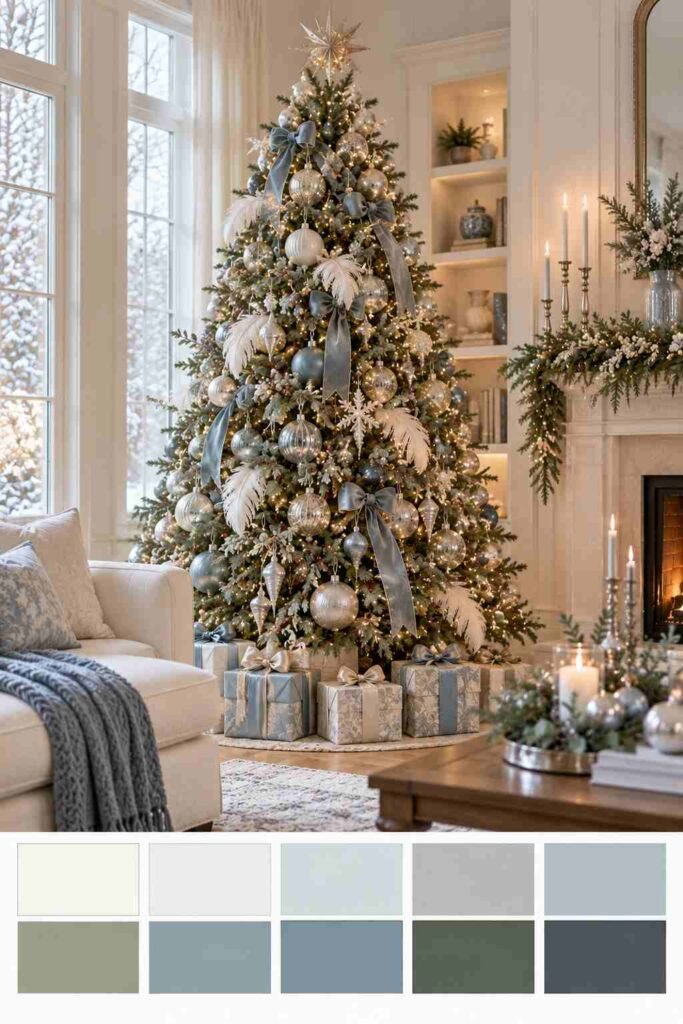 Blue and silver frosted winter Christmas tree with a color palette swatch strip below.