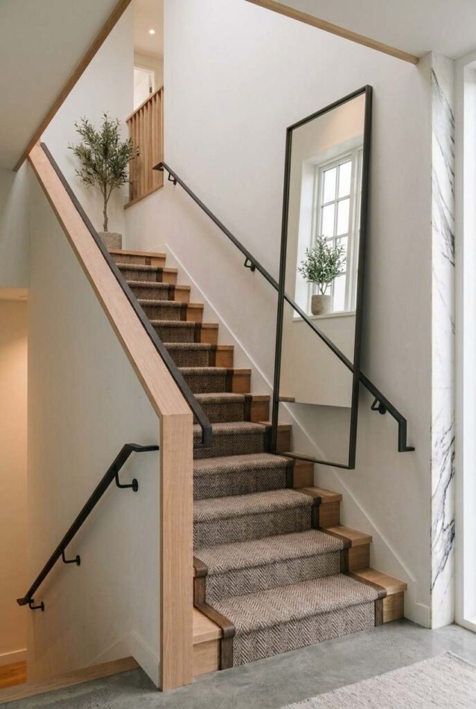 28 Stairs Wall Decor Ideas Modern Luxury Interiors Style Your Staircase Wall 16 Tall slim mirror at a staircase landing reflecting light and adding depth