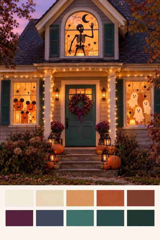 House front with several Halloween window displays in teal, burnt orange and plum, with a 10-swatch color strip.