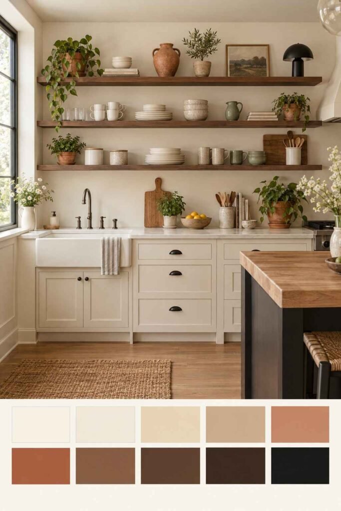 Kitchen wall with walnut shelves instead of upper cabinets, cream walls, and a warm neutral palette strip