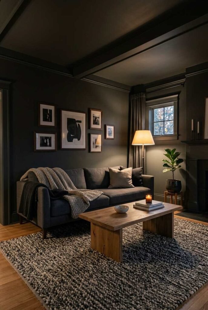Living room with graphite walls, trim, and ceiling painted one color for a cocooned Nordic look