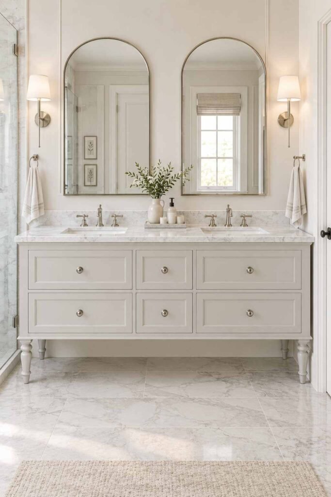 30 Bathroom Vanity Ideas For Double Sink Layouts for Every Style and Budget 9 Furniture-style double vanity with turned legs, marble top and two arched mirrors.