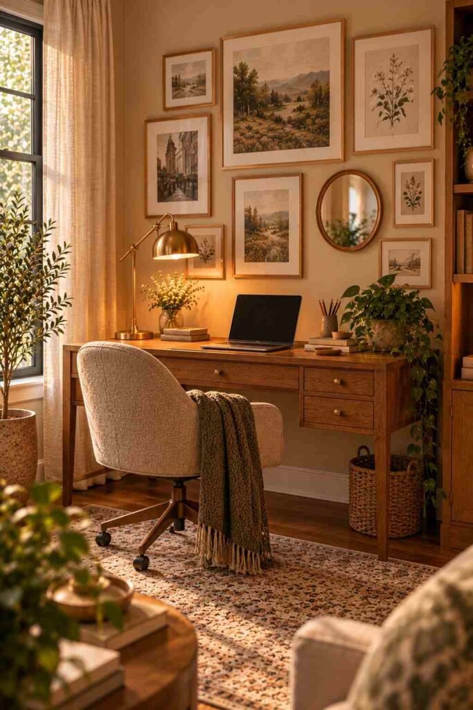 Gallery wall with matching frames above a home office desk