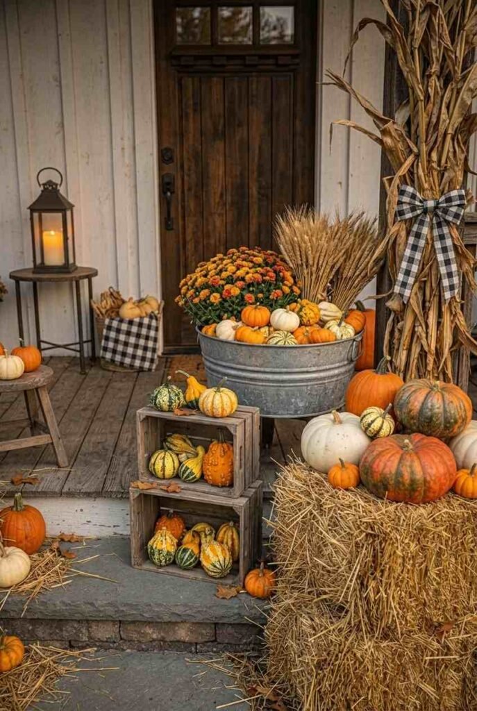 Galvanized tub of pumpkins and mums beside a stepped wooden crate display of gourds.