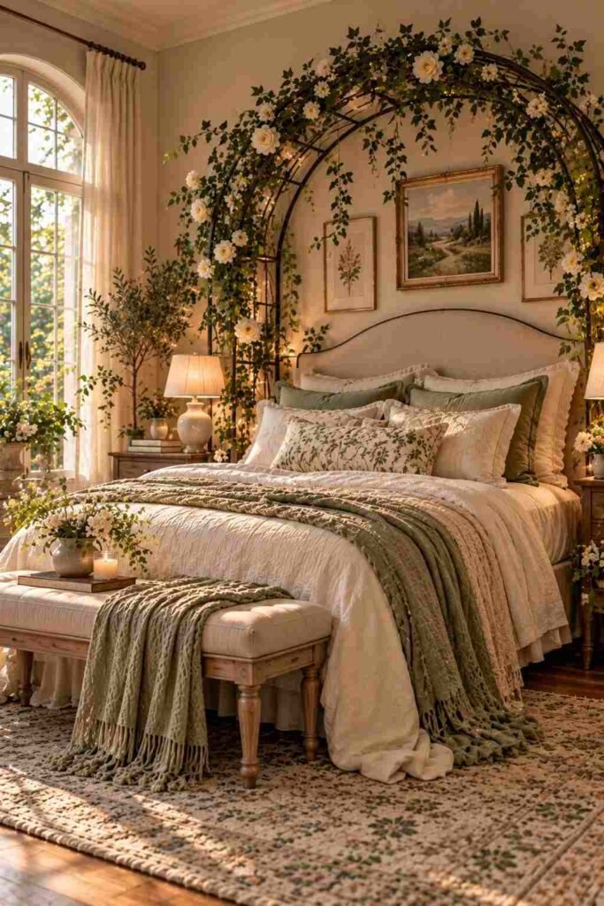 Curved metal garden arch behind a bed with faux ivy forming a canopy