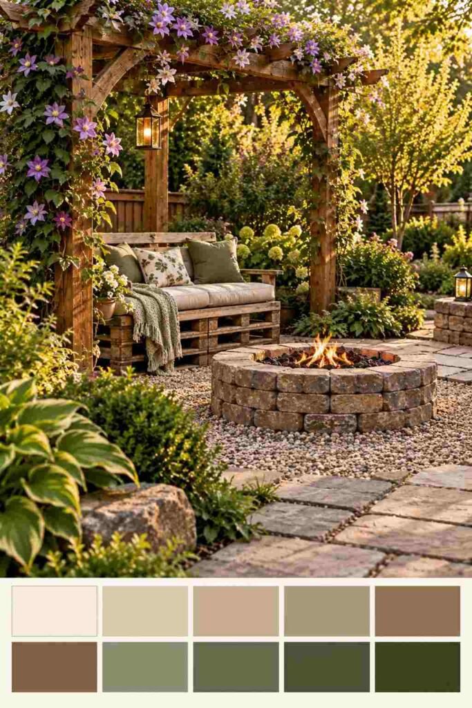 28 Budget-Friendly Outdoor Decorations DIY Garden Projects for Every Season 15 Rustic garden with cedar arbor, pallet bench, and fire pit ring above a natural stone and green color palette strip