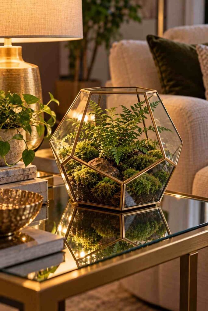 Brass geometric terrarium with moss and fern on a mirrored side table.