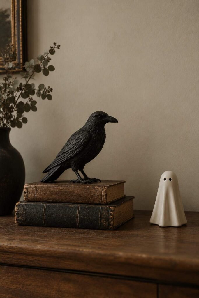 28 Modern Halloween Shelf Styling Ideas That Look Stylish, Not Scary: A Chic, Spooky Home 10 Matte black raven on a book stack beside a minimal white ceramic ghost on a Halloween shelf.
