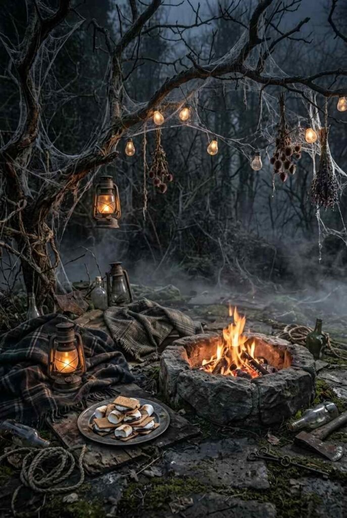 28 Spooky Halloween Theme Ideas to Make October 31 Unforgettable 17 Ghost story campfire for a spooky Halloween night with blankets, s’mores and lanterns.