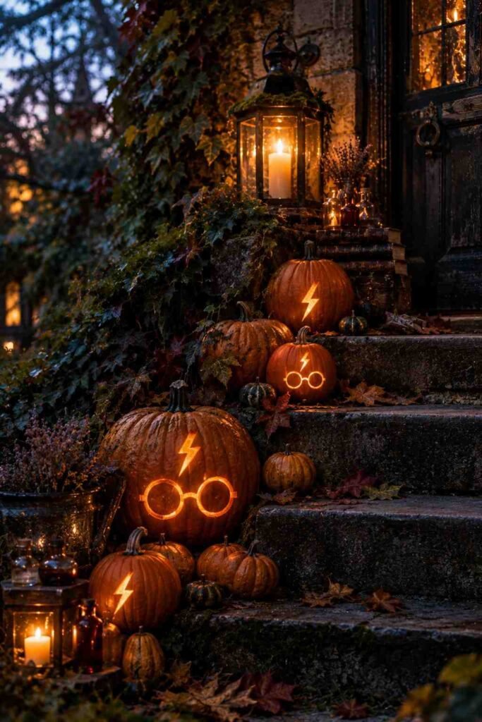 Giant and small pumpkins lining porch steps, with lightning-bolt and round-glasses carved faces.