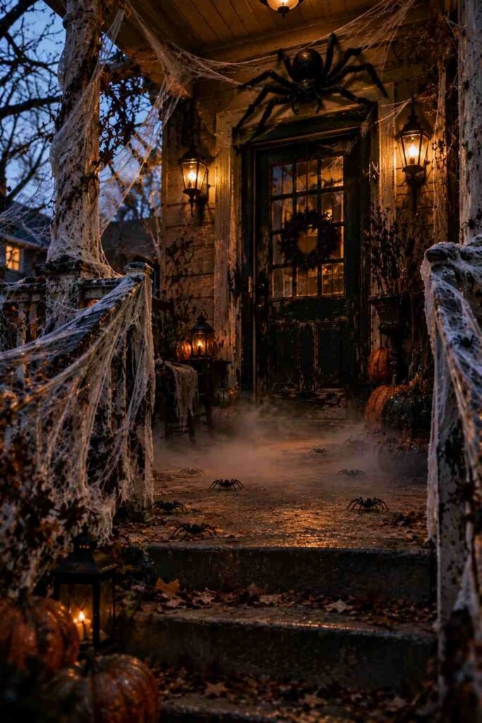 Giant spider and webbing covering a scary Halloween front porch.